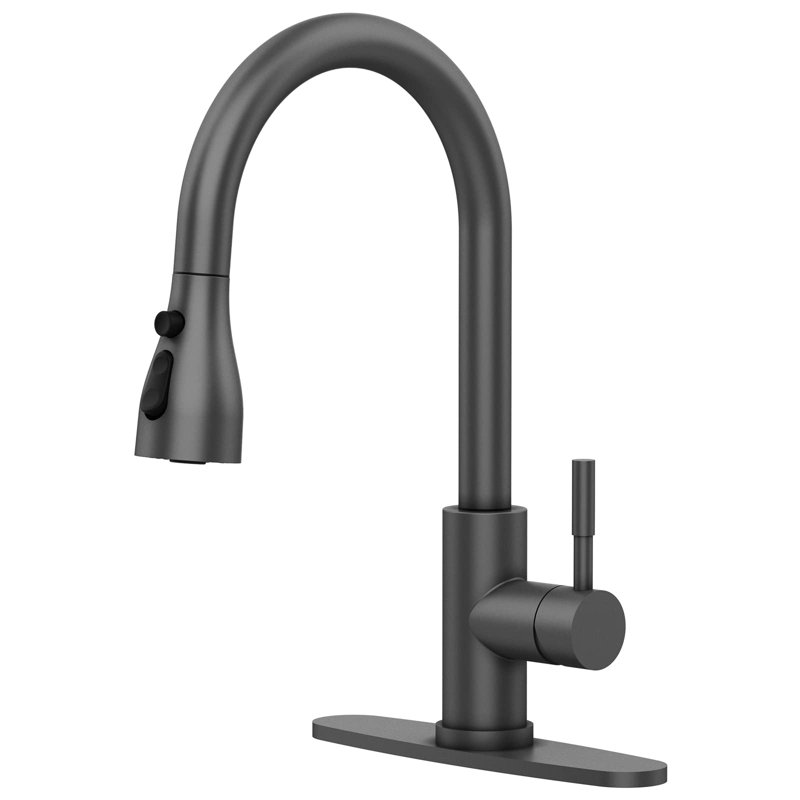 Robinet de cuisine avec douche rétractable, noir mat de qualité supérieure, poignée simple commerciale à grande arche