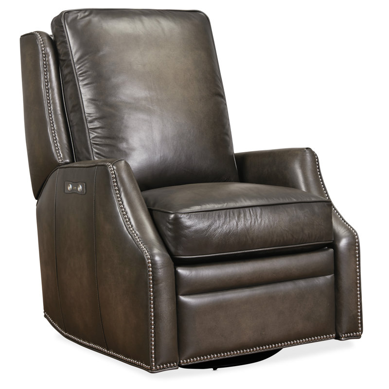 Kerley Gray Leather Swivel Recliner with Nailhead Trim