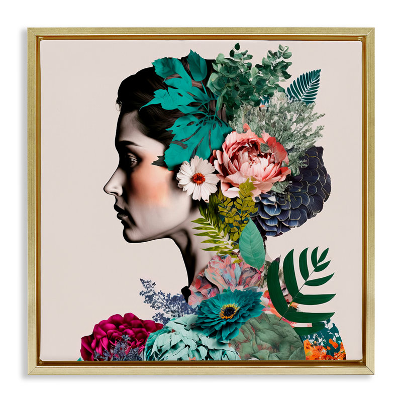  «Blooming Flowers Visage» par Incado, H 18 po x l 18 po, Cadre flottant métallique doré
