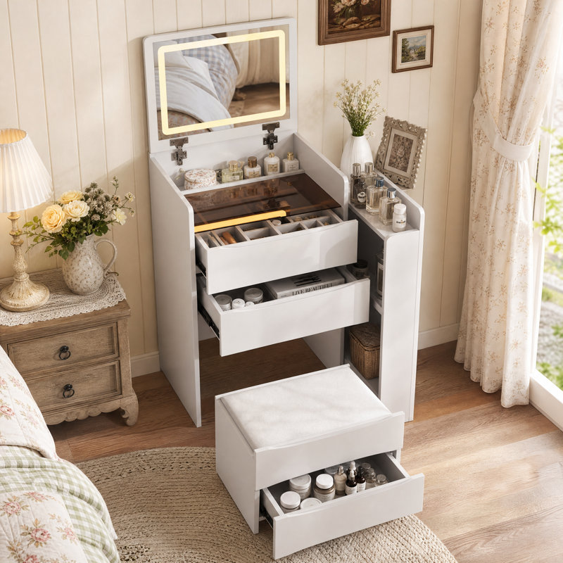 Ensemble de coiffeuse de maquillage 3 en 1 blanc cassé avec miroir tactile et tabouret de rangement, coiffeuse à compartiments multiples pour chambre