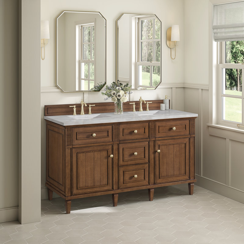 Lorelai 60'' Double Bathroom Vanity with Top, Mid-Century Walnut, Victorian Silver, 8" Widespread