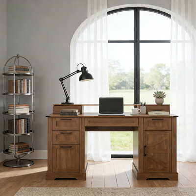 59" Farmhouse Office Desk With Charging Station & Barn Door,Computer Desk With File Drawer,Keyboard Tray by August Grove