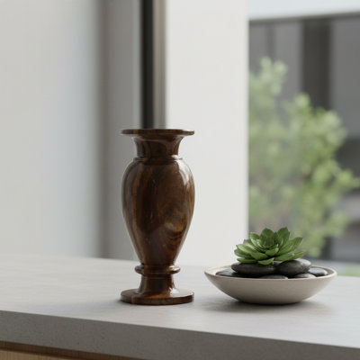 7" Amber Brown Marble Flower Vase – Polished Natural Stone Decorative Vase for Tabletop & Shelf Décor