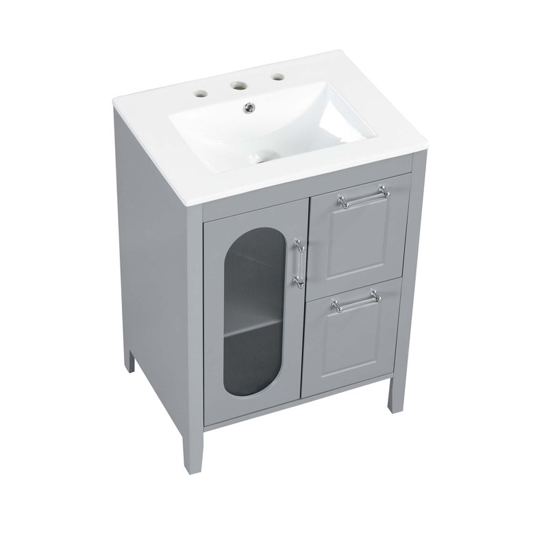 Meuble-lavabo 24 po avec lavabo, meuble-lavabo avec 2 tiroirs et porte, tablette réglable, Gris