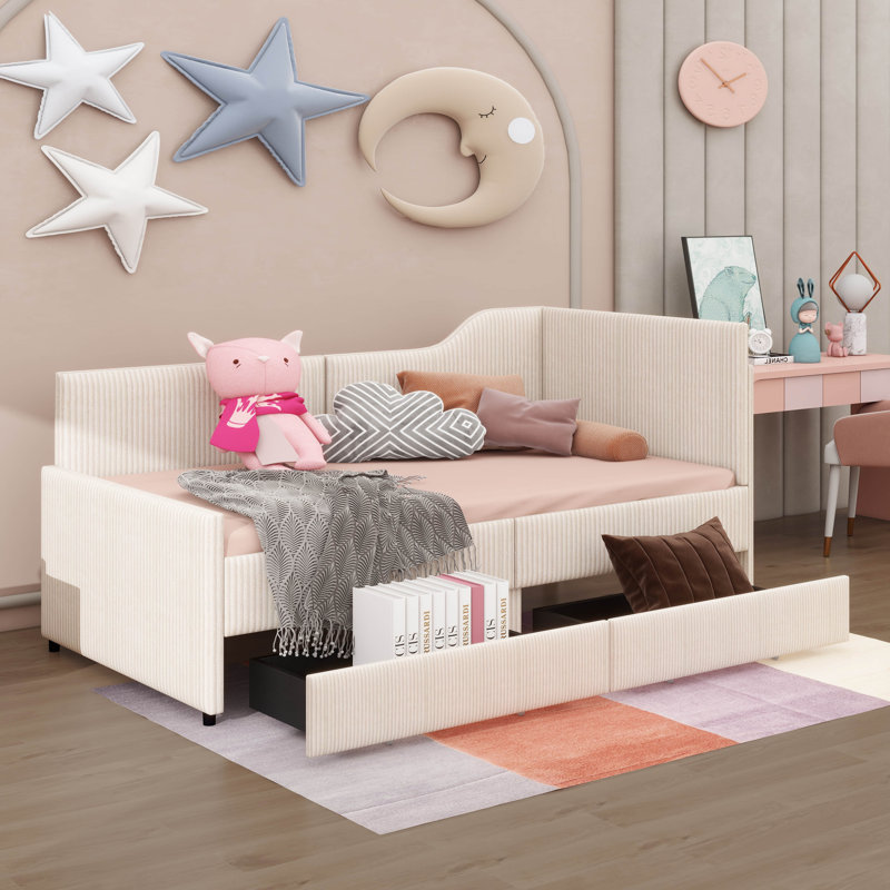 Un lit de jour en velours côtelé en L avec une structure rembourrée et deux tiroirs de rangement intégrés, Beige
