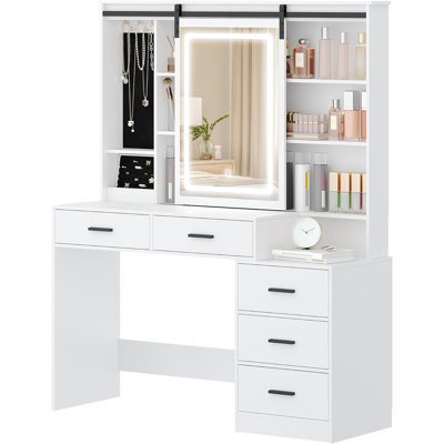 Dressing Table with Adjustable LED Lights, Removable Large Mirror, with Jewellery Storage, Open Shelves, 5 Drawers, with Beside table, for Bedroom