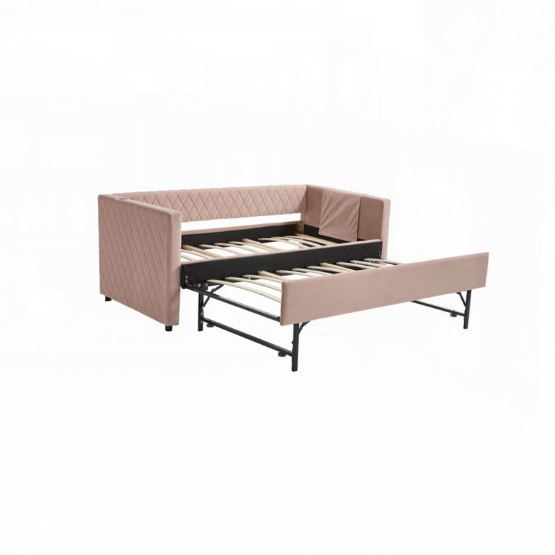 Sturdy Wooden Frame Velvet Daybed with Modern Diamond Grid Design, Perfect for Bedroom and Living Room Furniture, Pink