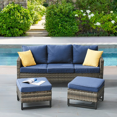 Nazime 74.02" Wide Outdoor Wicker Patio Sofa with Cushions and Ottomans
