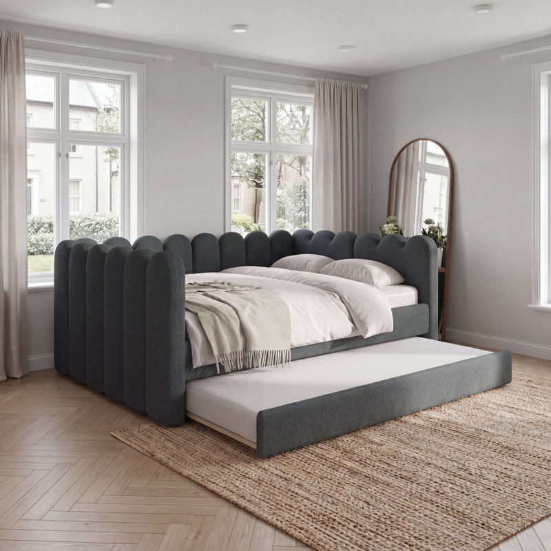 Lit de jour grand avec plateforme et capitonnage gris, Grey