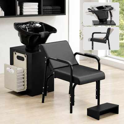 Armoire à shampooing avec fauteuil inclinable pour salon, station de lavage de cheveux avec bol à shampooing inclinable et fauteuil à shampooing inclinable automatique, repose-pieds, station de rangement pour coiffeur