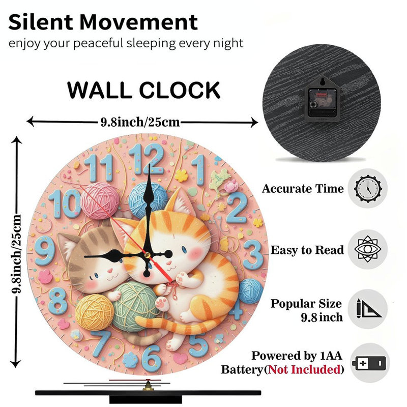 Cat Clock with Cute Kittens and Yarn Balls
