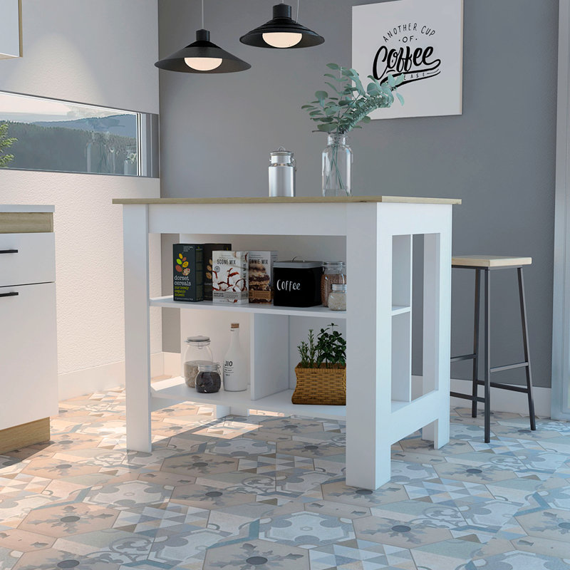 Kitchen Island, Four Legs, Three Shelves, White/Oak