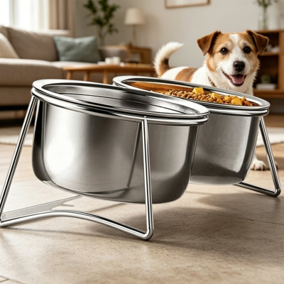 Elevated Stainless Steel Double Pet Bowl with Metal Stand, Anti-Tip Raised Dog Cat Food Water Feeder Set, No Spill Metal Pet Dining Bowls for Small Medium Pets