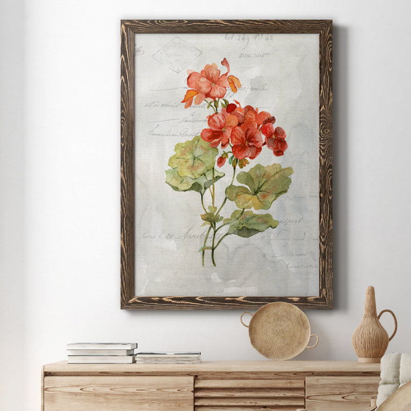 Lin géranium - peinture sur toile encadrée, H 20 po x l 17 po x P 1,5 po, Noyer