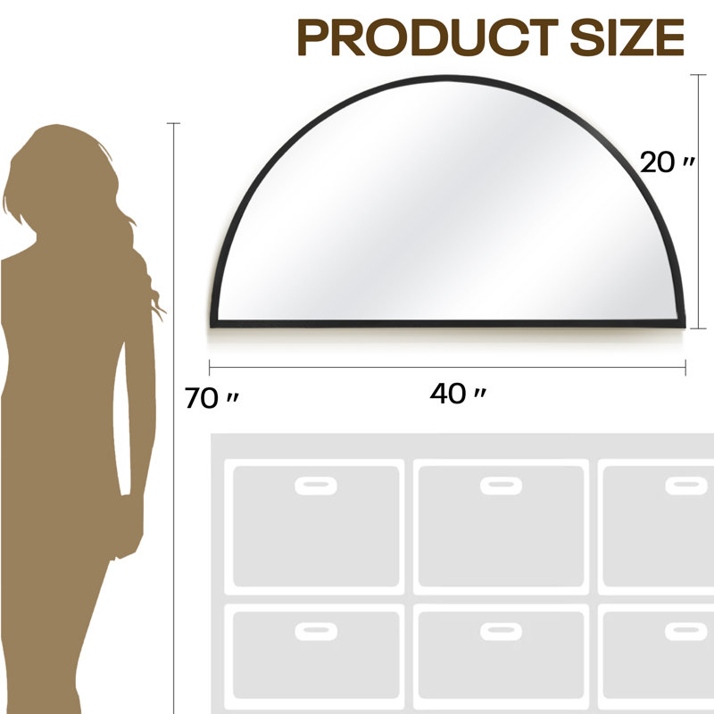 Arched Aluminum Frame Wall Mirror with Tempered Glass for Bathroom, Living Room, Entryway, 20" H x 40" W x 0.70" D, Black