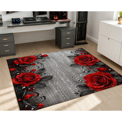 Grand tapis lavable à la machine avec envers antidérapant, tapis de sol à motif floral rose rouge et noir, décoration intérieure confortable pour le salon, la chambre à coucher, le vestibule, la cuisine, l’appartement