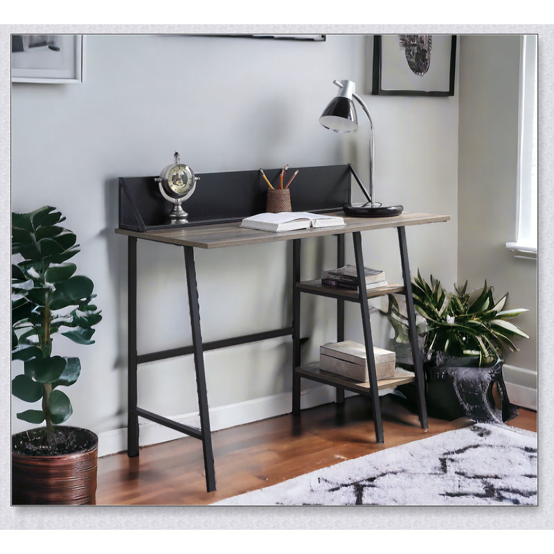Bureau en chêne rustique et noir avec base en métal durable et rangement à 2 niveaux pour la maison ou le bureau