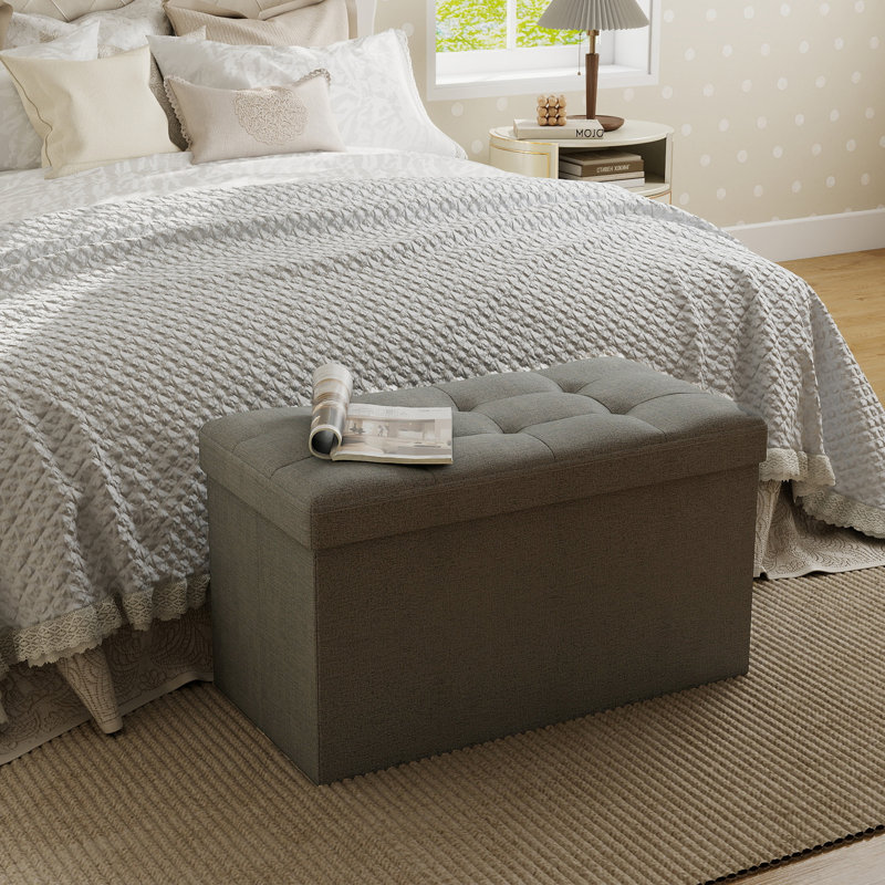 Folding Storage Ottoman Bench, 30" Large Capacity Foot Stool, Wooden Top, Light Gray Linen, Linen, Light Gray-30"