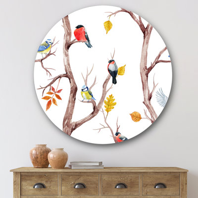 Arbres d'automne et petits oiseaux - art mural traditionnel en cercle métallique