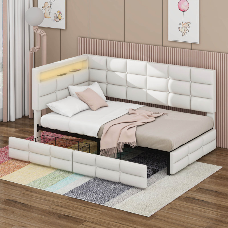 Twin Size Upholstered Daybed With 2 Drawers And Charging Station,LED Lights And Storage Headboard, Beige