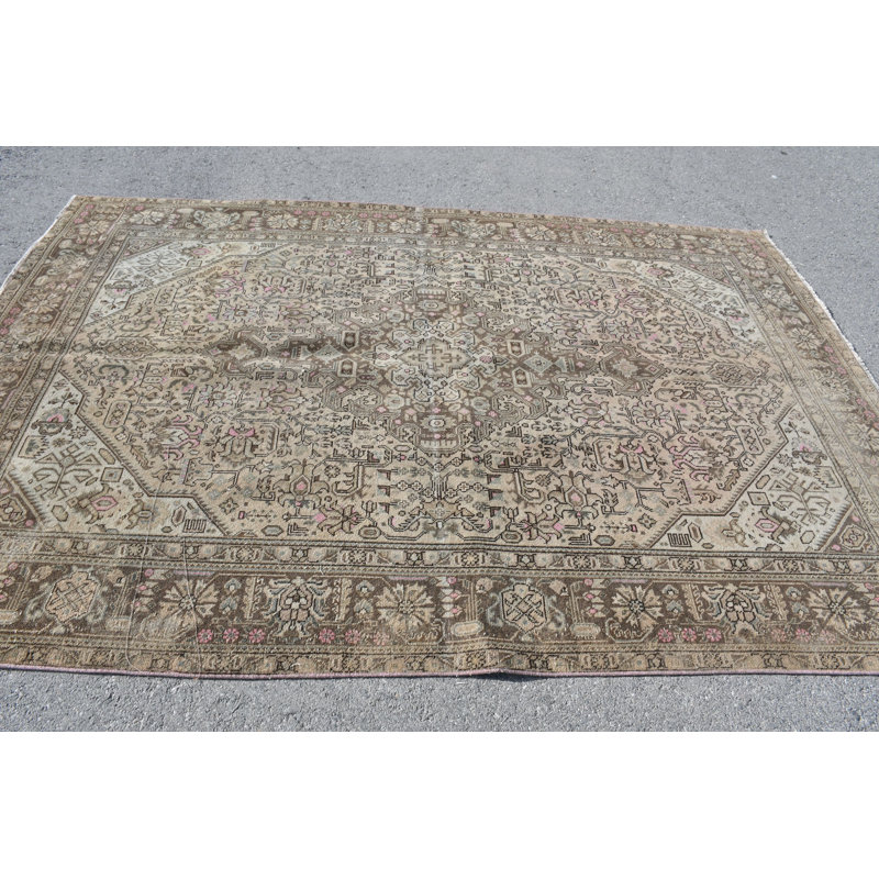 Tapis turc rétro vintage de style Oushak fabriqué à la main avec de la laine pour un élégant décor de salon brun / rose