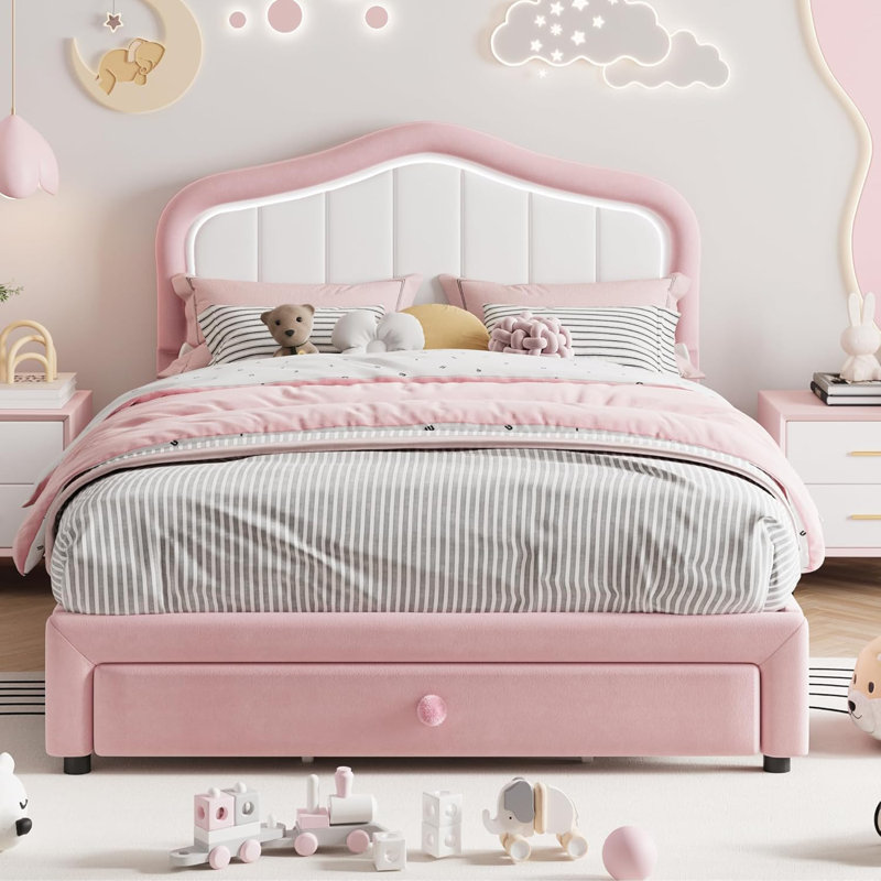 Bed for Girls with LED Headboard & Storage Drawer,Upholstered Full Size LED Bed Frame with Storage Drawer,Kids and Youth Princess Platform Bed, Upholstered Velvet, Easy Assembly