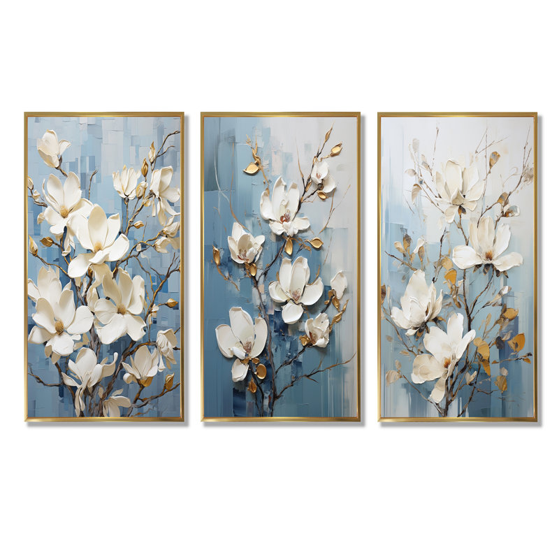 Élégant ensemble de 3 impressions sur toile Magnolias Serenity - Magnolias, Cadre flottant doré, H 32 po x l 48 po