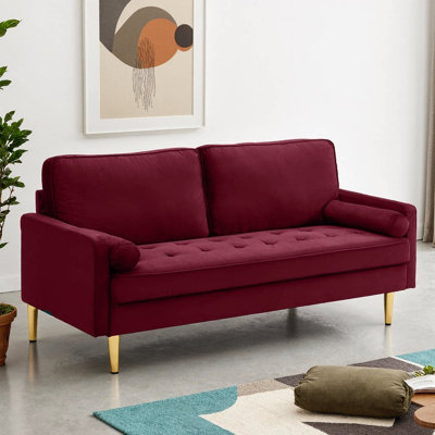 Canapé 65 po en velours minimaliste avec pieds dorés métalliques | Canapé 2 places moderne avec coussins moelleux pour le salon et la chambre à coucher