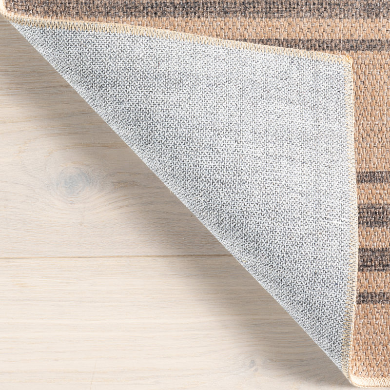 Natural Beige and Brown Striped Synthetic 9' x 12' Washable Area Rug