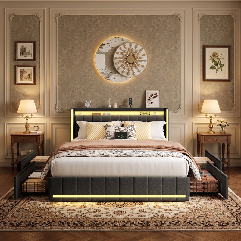 Upholstered Double Bed Frame With 4 Storage Drawers And Headboard, Platform Bed With LED And Charging Station, No Mattress, (Linen)