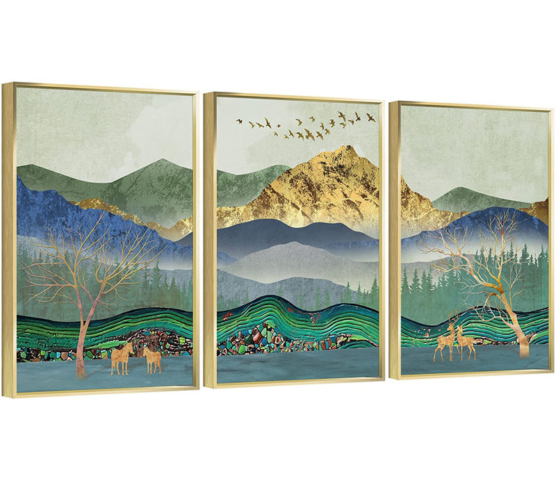 Montagne, art mural - ensemble de 3 reproductions sur toile, Or, H 16,3 po x l 36,3 po x P 1,65 po