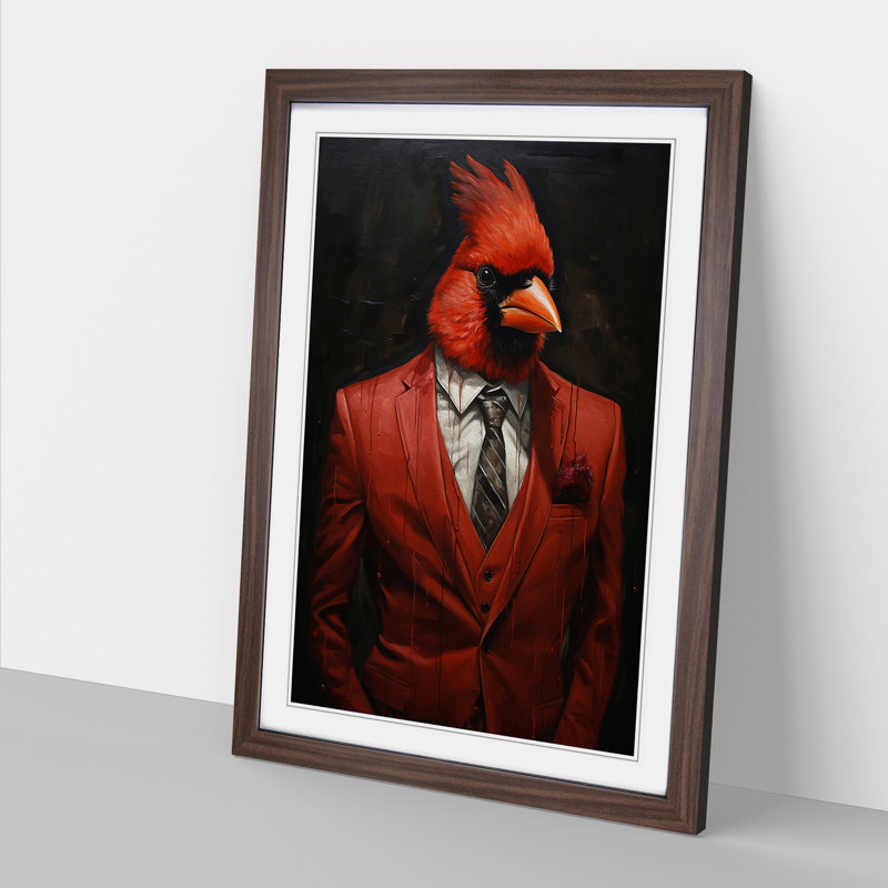 Cardinal Bird In A Suit No.2 - Single Picture Frame Print on Wood, Walnut , 46cm H x 34cm W x 2cm D