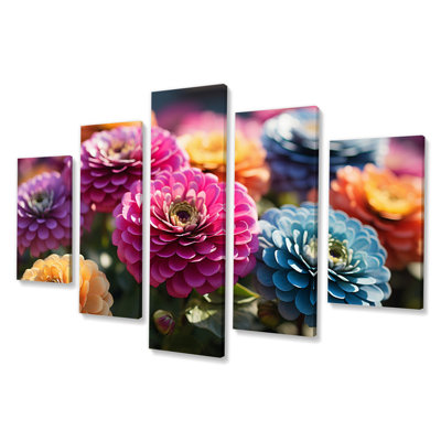 Champ de Zinnias coloré au lever du soleil IV - décoration murale florale - 5 panneaux