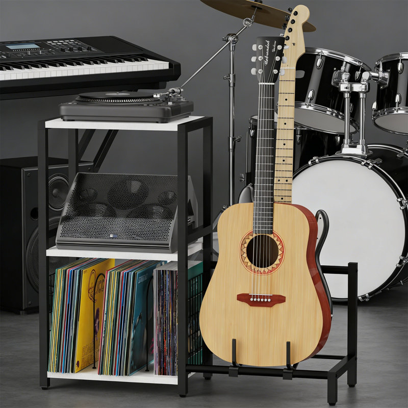 Guitar & Record Player Stand End Table With 2-Tier Vinyl Storage, Modern White, White