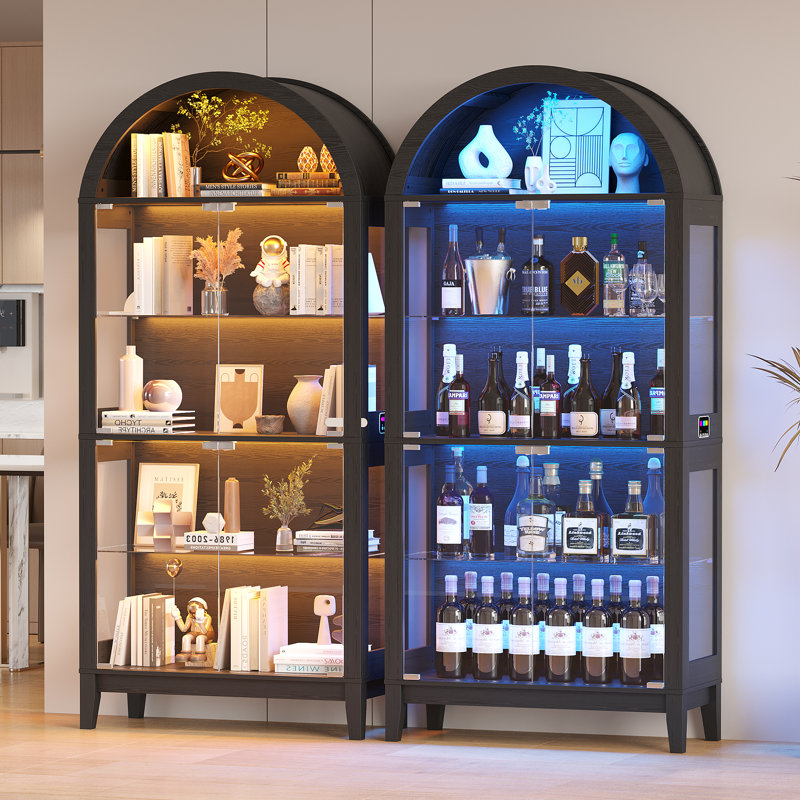 175cm H x 75cm W Modern Arched Glass Bookcase with RGB LED Lighting & Removable Shelves, Black