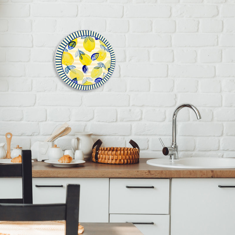 Plaque murale amusante avec citrons et feuilles avec rayures, design par Lanie Loreth