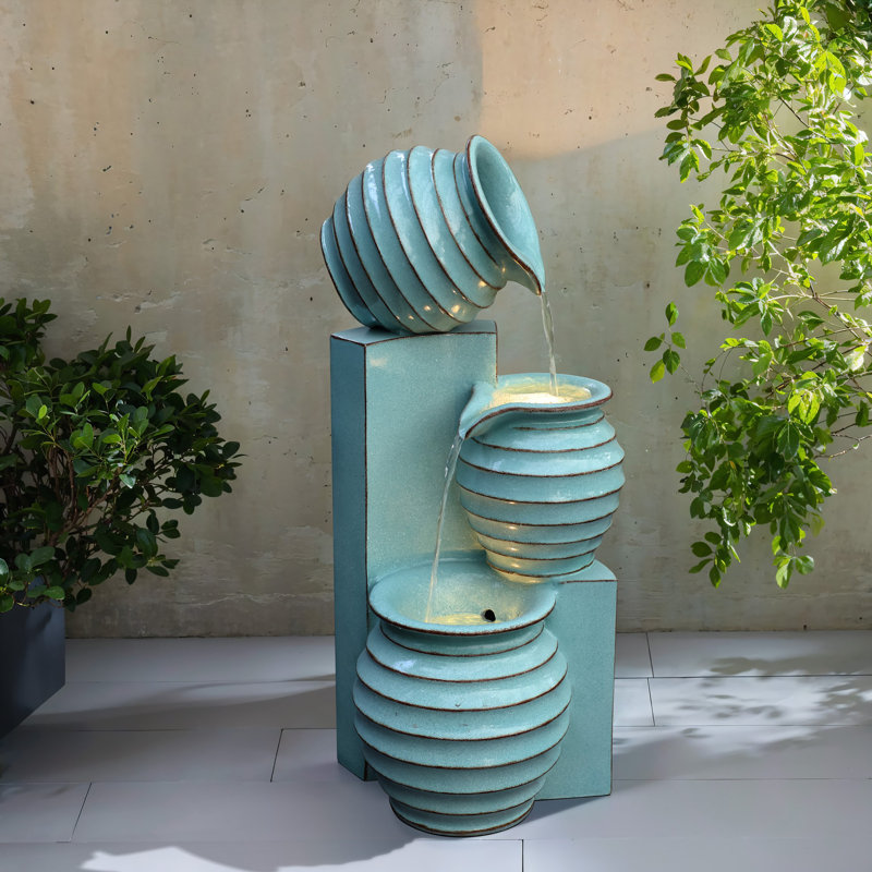 30.3'' H Modern Polyresin Outdoor Water Fountain with LED Lights, Tiered Jar Waterfall Fountain with Adjustable Flow