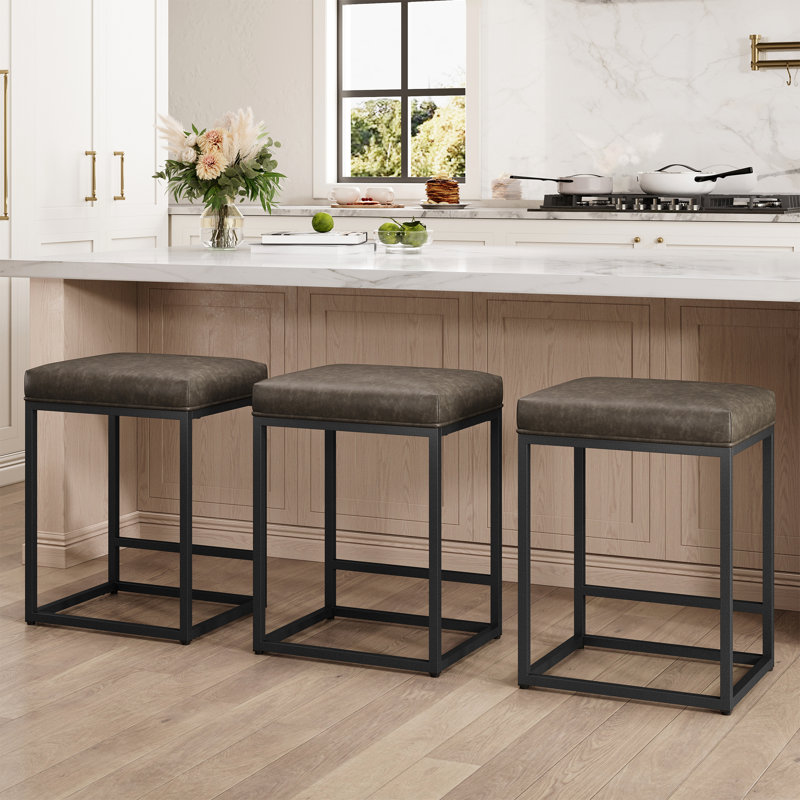 Romigh Modern 24'' Kitchen Upholstered Counter Stool with Faux Leather & Footrest, Dark Taupe, Gold