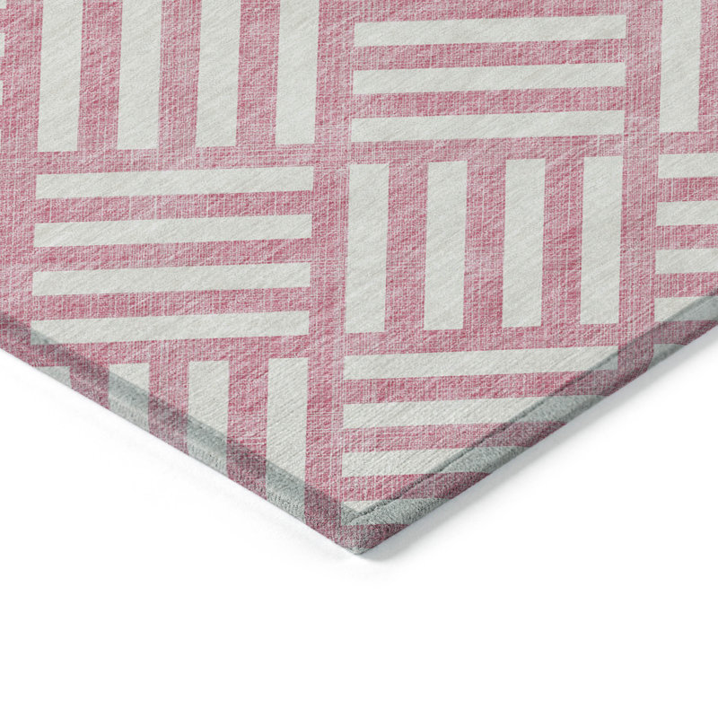 Tapis extérieur lavable à motif géométrique rose et ivoire 10 pi x 14 pi