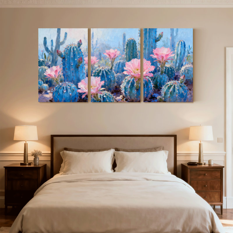 Cactus bleu, cactus bleu, fleurs, gouttelettes d'eau, reflet du ciel, ensemble de 3 impressions sur toile, H 30 po x l 60 po