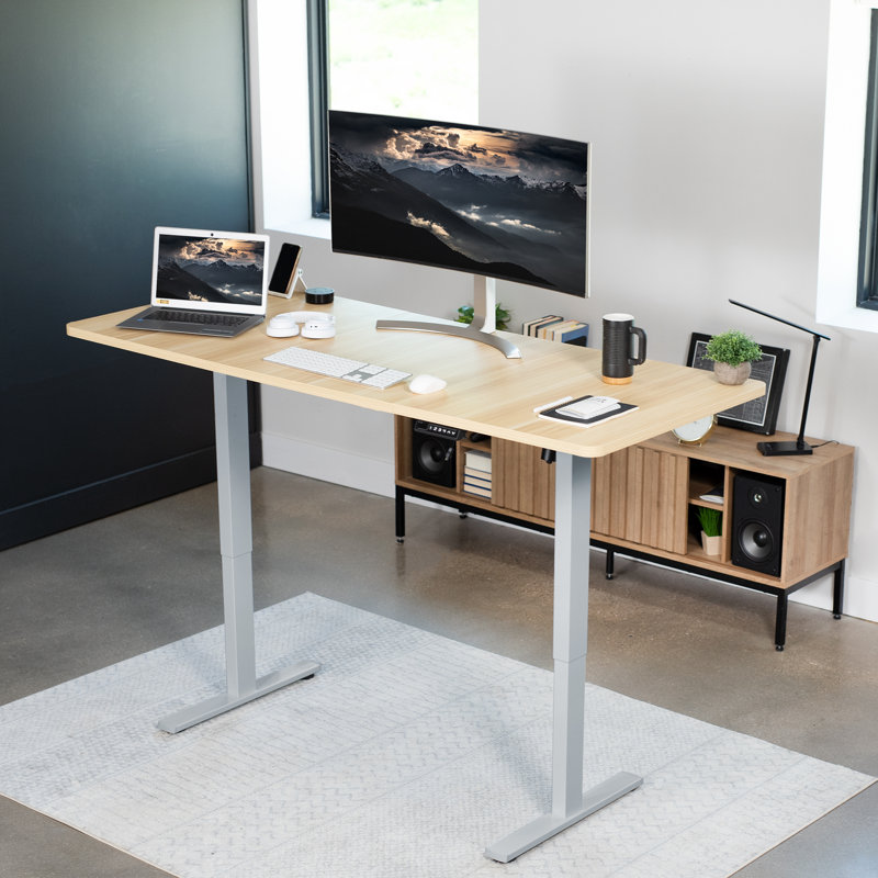 VIVO Single Motor Electric Desk with Push Button Memory Controller, Light Wood/Gray, 48.5" H x 71" W x 30" D