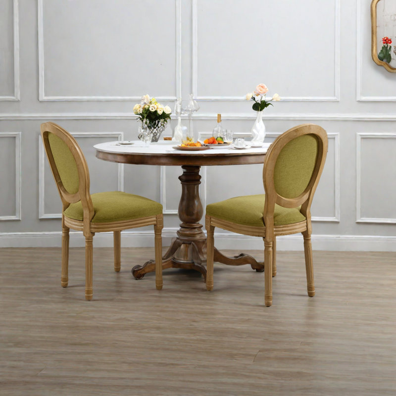 Meuble, ensemble de 2 chaises de salle à manger avec cadre en bois massif de style français, Vert