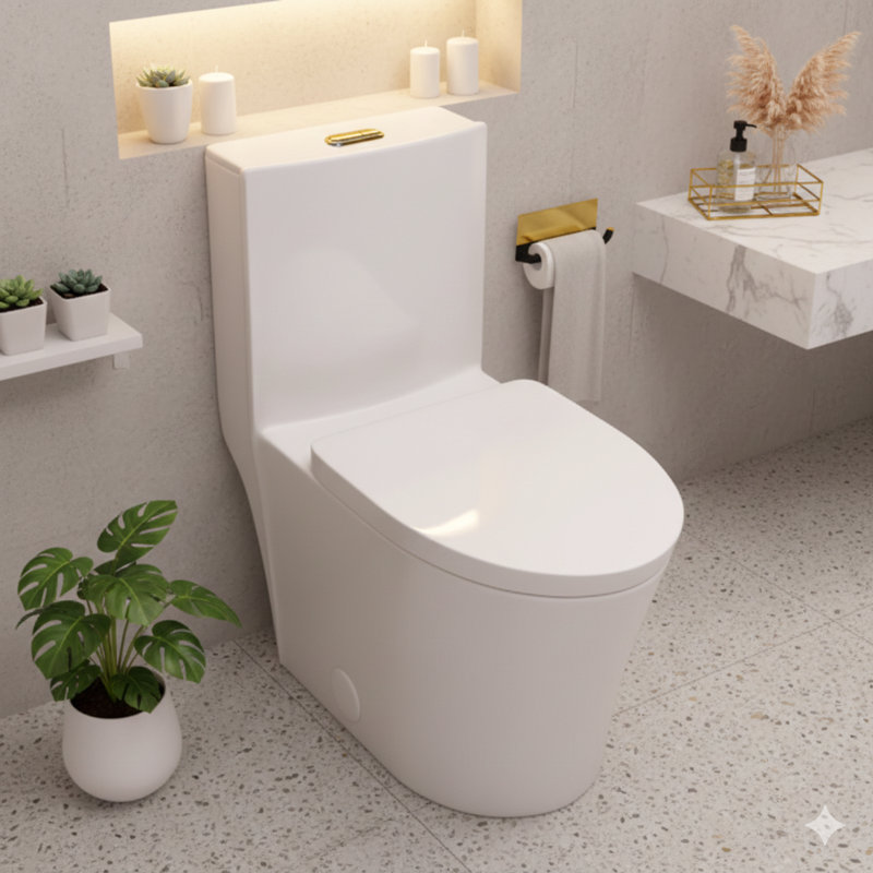 Toilette allongée une pièce en blanc.