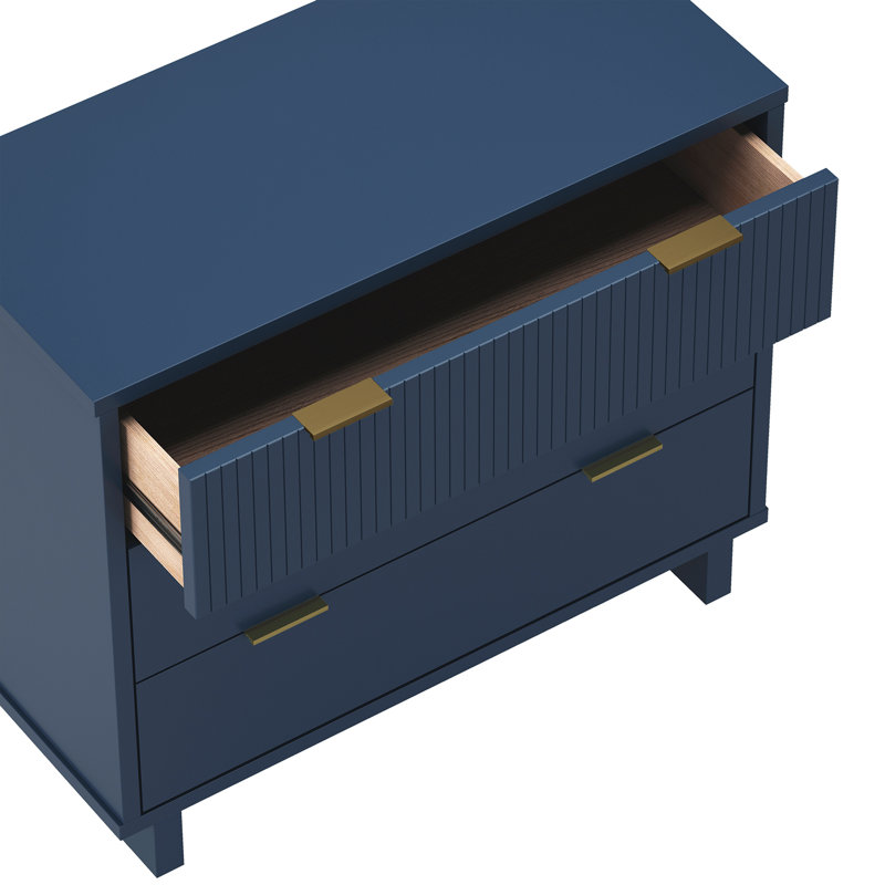 Commode contemporaine en bois massif 38 po à 3 tiroirs Elara, Bleu minuit