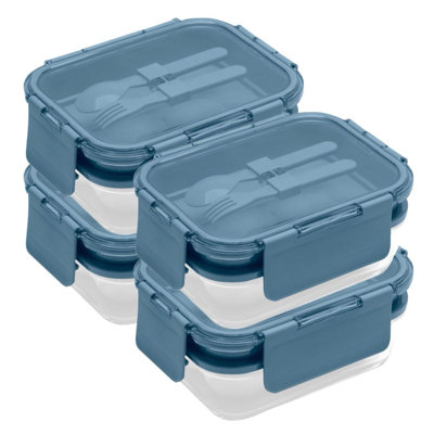 Prep & Savour Borosilicate Glass Double Layer Lunch Box With Utensils, 1740 ml, 4-Pack