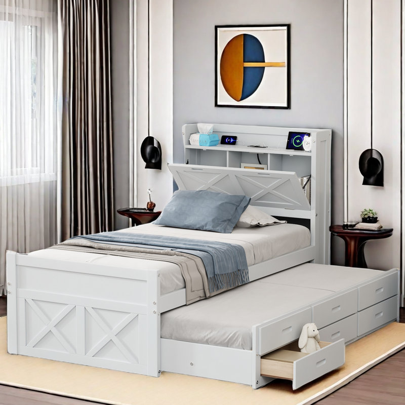 Lit en bois Roly avec tête de lit de rangement, lit gigogne, trois rangements et prises, Lit simple, Blanc