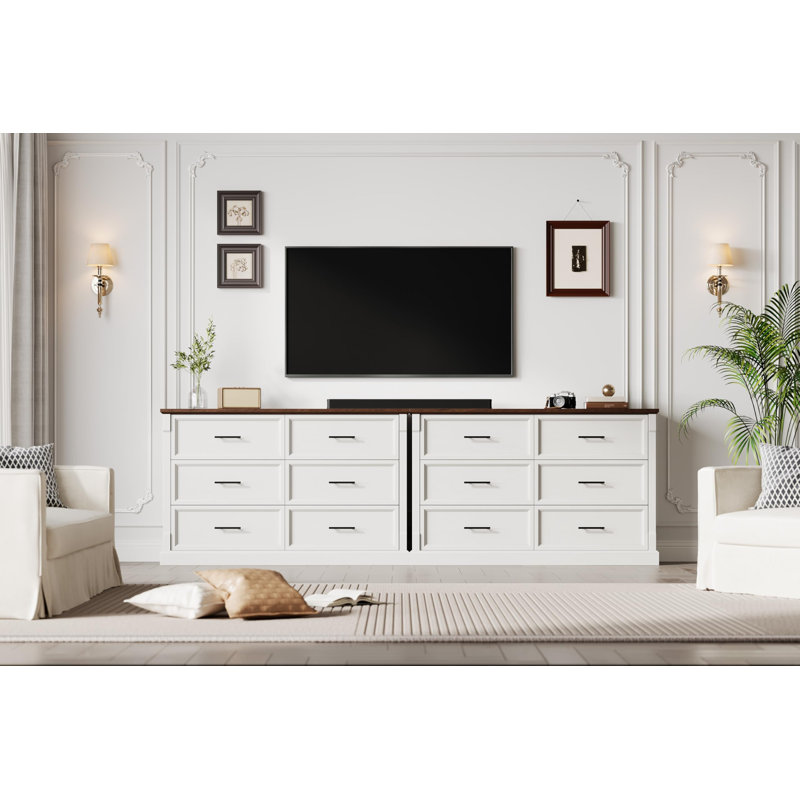 Commode 6 tiroirs blanche pour chambre à coucher, grande commode de ferme avec poignées en métal