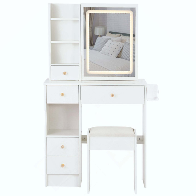 Small Size Left Drawer Desktop Vanity Table + Cushioned Stool, 2 AC+2 USB Power Station, Hair Dryer Bracket, Extra Large Touch Control Sliding LED Mirror, Tri-Color Switching, Brightness Adjust