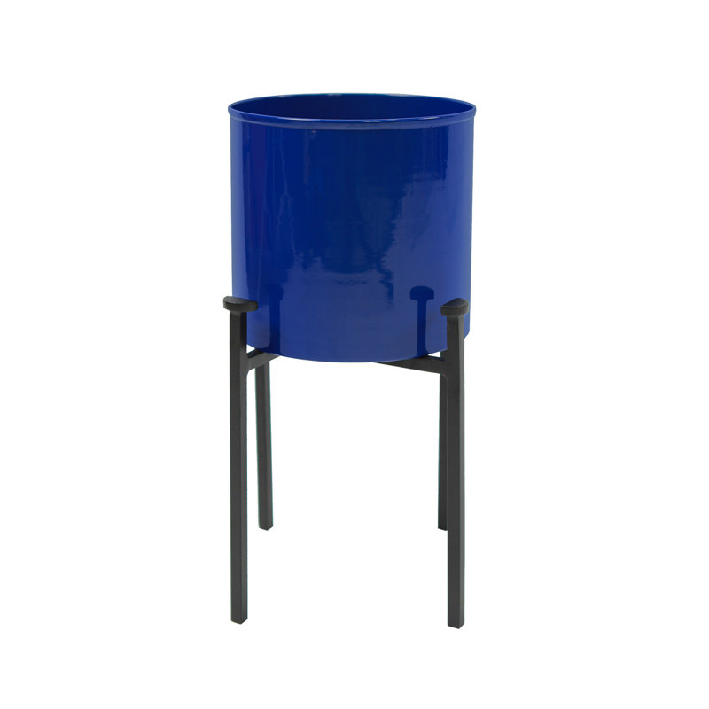 French Blue Galvanized Steel Planter with Black Wrought Iron Stand