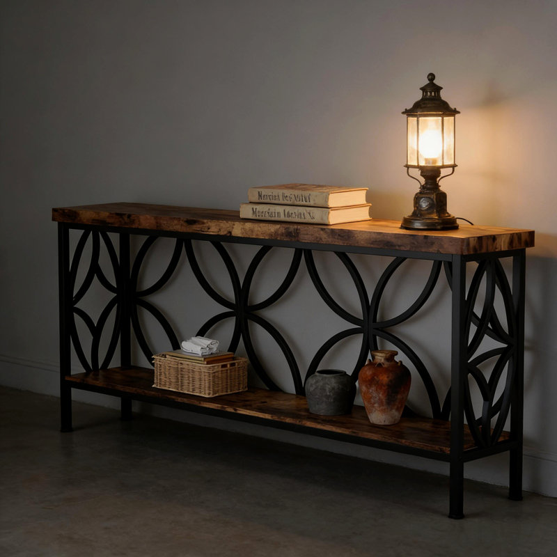 Coffee Table,Industrial Sofa Table,2-Tier Console Table, Black, Rustic Brown